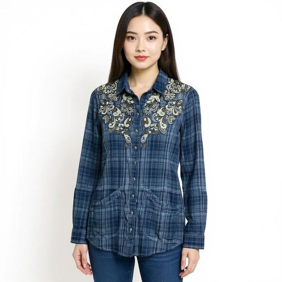 Free People Stevie's Embellished Plaid Buttondown XS - Picture 1 of 8